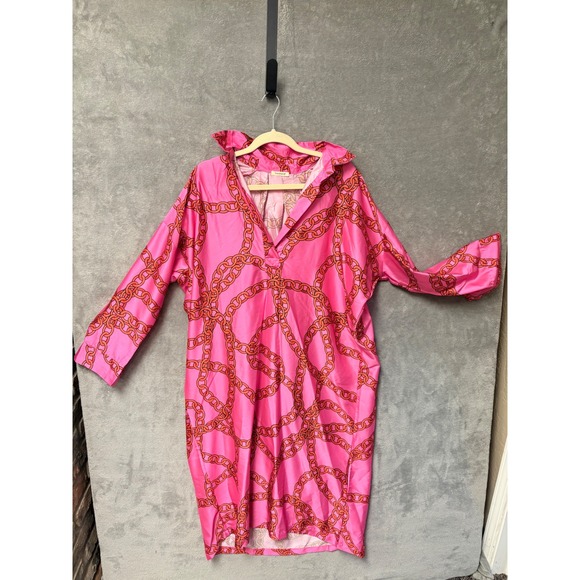 Sundayup Dresses & Skirts - SundayUp Pink Chain Print Long Sleeve Collared Midi Dress L